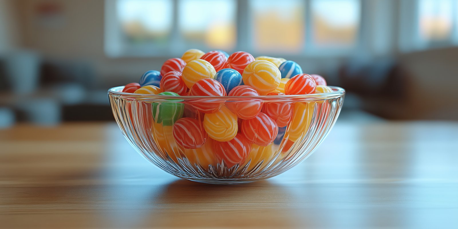 Colorful candies displayed in a glass bowl on a wooden table in a cozy indoor setting during the daytime